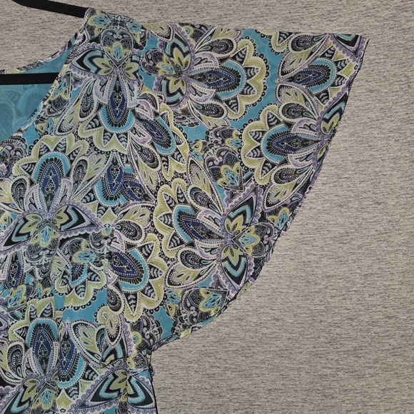 APT 9 Teal Paisley Print Blouse Tie V-Neck Top Women's XL Ruffled Short Sleeves - Picture 6 of 9